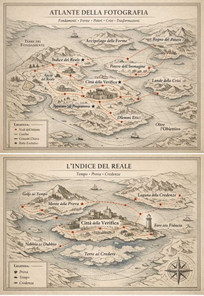 Mappa concettuale illustrata in stile antico intitolata Atlante della Fotografia, che mostra il percorso filosofico tra le Terre dei Fondamenti, l'Indice del Reale con la Città della Verifica, e il Regno del Potere.